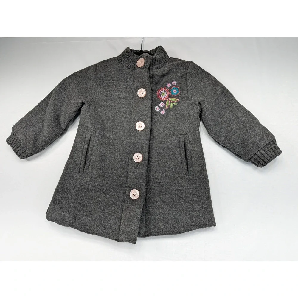 Penelope Mack Girls Dark Gray Button Front Embroidered Flower‎ Coat Size 4T
